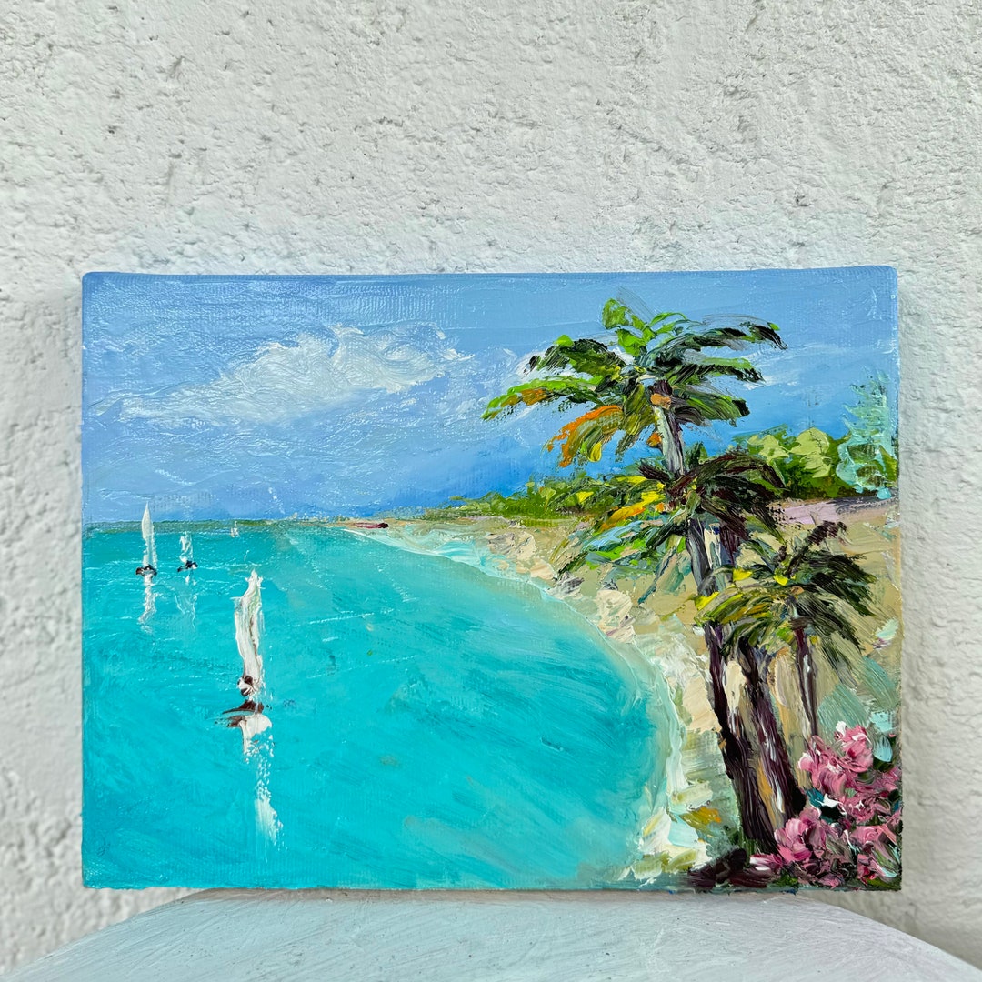 Beach Painting Landscape Palm Tree Original Art Oil Canvas Artwork ...