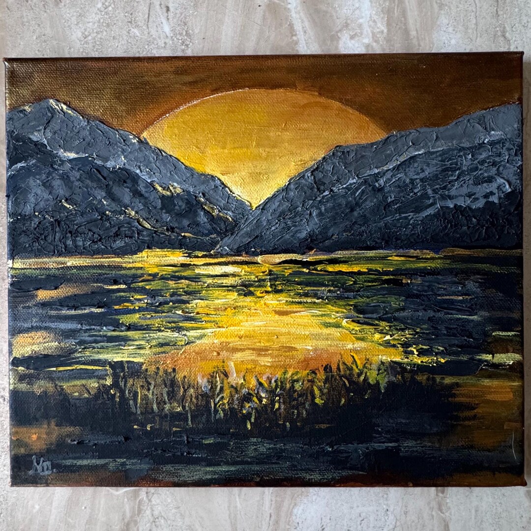 Sunset Mountain Lake Landscape Original Art - Golden Sun Wall Art - Etsy