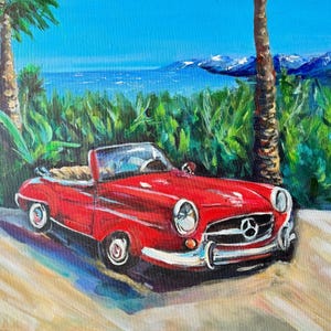 Vintage Red Car Painting Original Art Retro Wall Art Classic Car Lovers Nostalgic Wall Decor