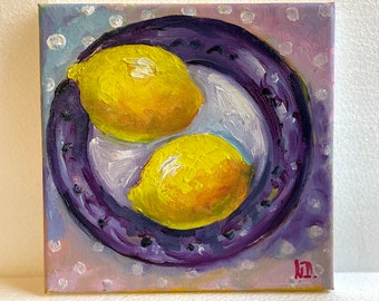 Art de fruit citron peint à la main peinture originale nature morte toile à l'huile décoration murale de cuisine