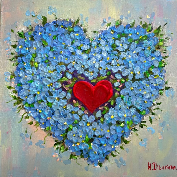 Coeur Peinture Texturé 3 D Art Myosotis Fleurs Art Original Amour Cadeau Floral Wall Art