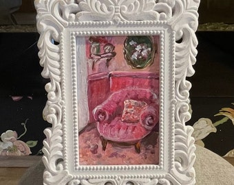 Vintage Chair Pink Room Painting Acrylic Original Art Framed Art Miniature Cute Shelf Decor