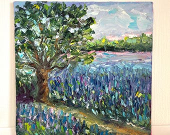 ブルーボネットの草原の絵画：テキサスの風景画 インパスト油彩画（8x8