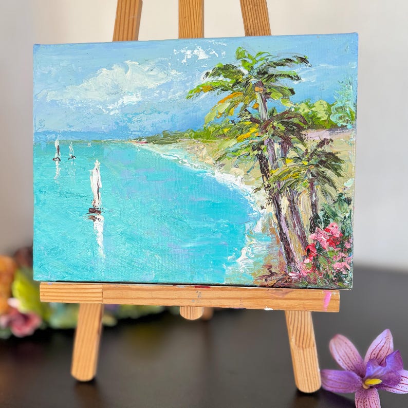 Beach Painting Landscape Palm Tree Original Art Oil Canvas Artwork ...