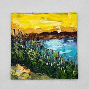 Original Mini Oil Painting – Summer Landscape | Small Nature Art 4x4 Inch Decorative Painting”