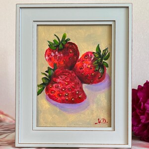 Dipinto di bacche rosse, originale, con cornice, decorazione da cucina, decorazione da parete con fragole