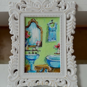 Bagno d'epoca in blu verde acqua Arte originale Piccolo dipinto incorniciato Miniatura Retro Decorazione per interni lavanderia