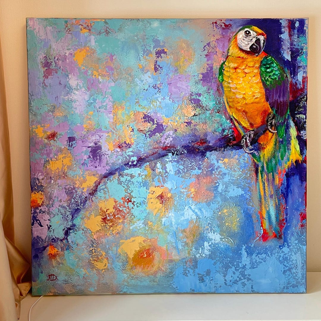Abstract Parrot Painting Large Blue Wall Art Original Acrylic Tropical ...