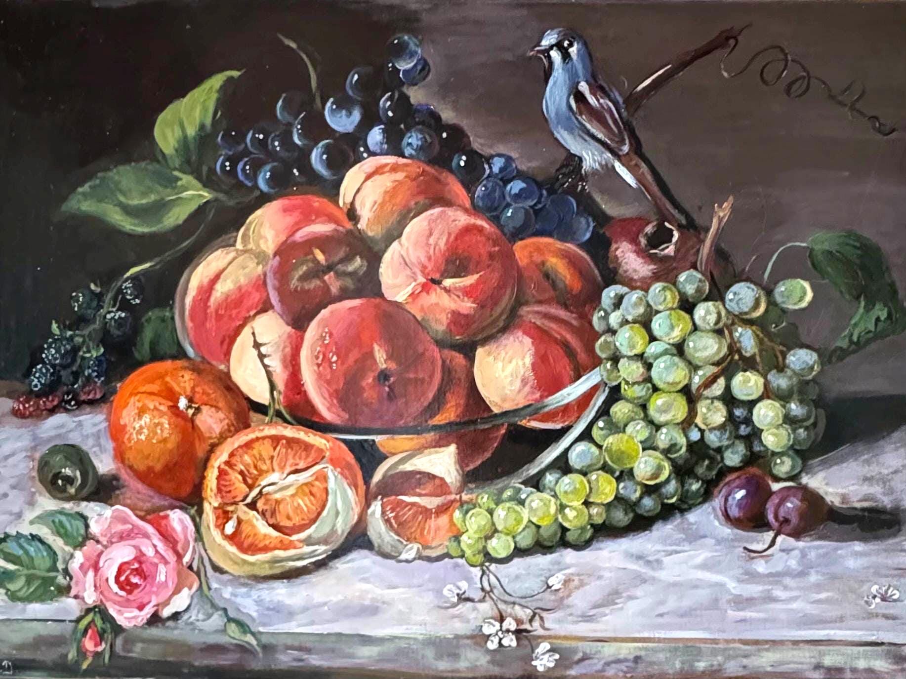 オリジナル静物画 - 桃と鳥の壁アート ヴィンテージスタイルのホーム