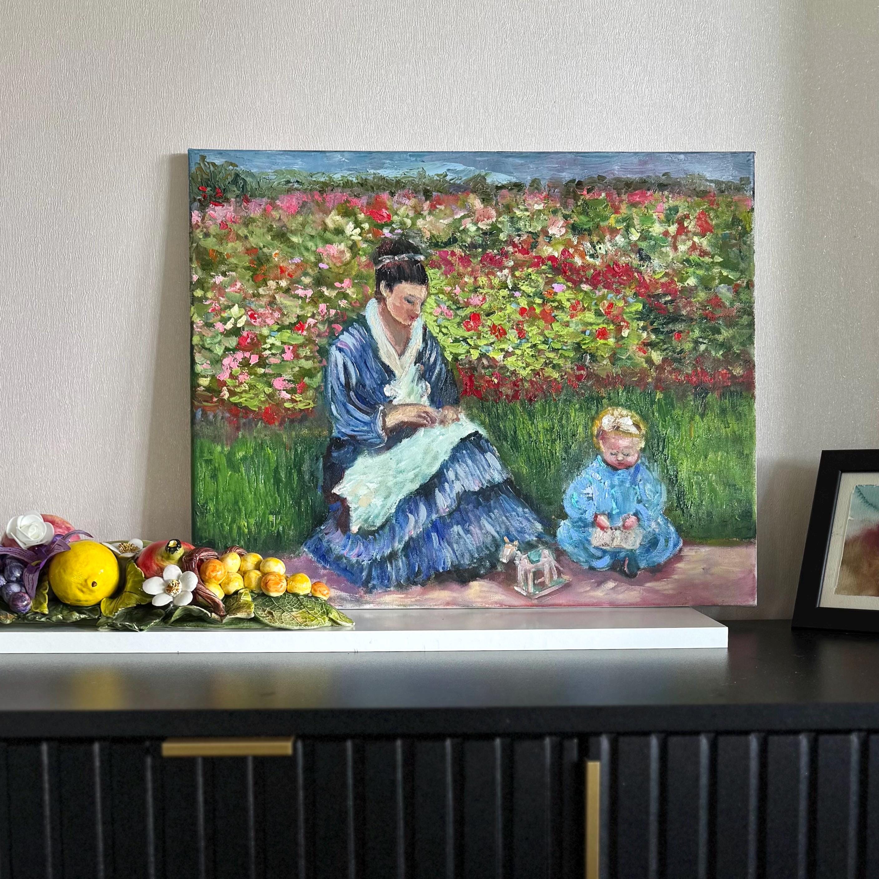 印象派のオリジナル油絵｜母と子 モネ風 20x16インチ ヴィンテージ