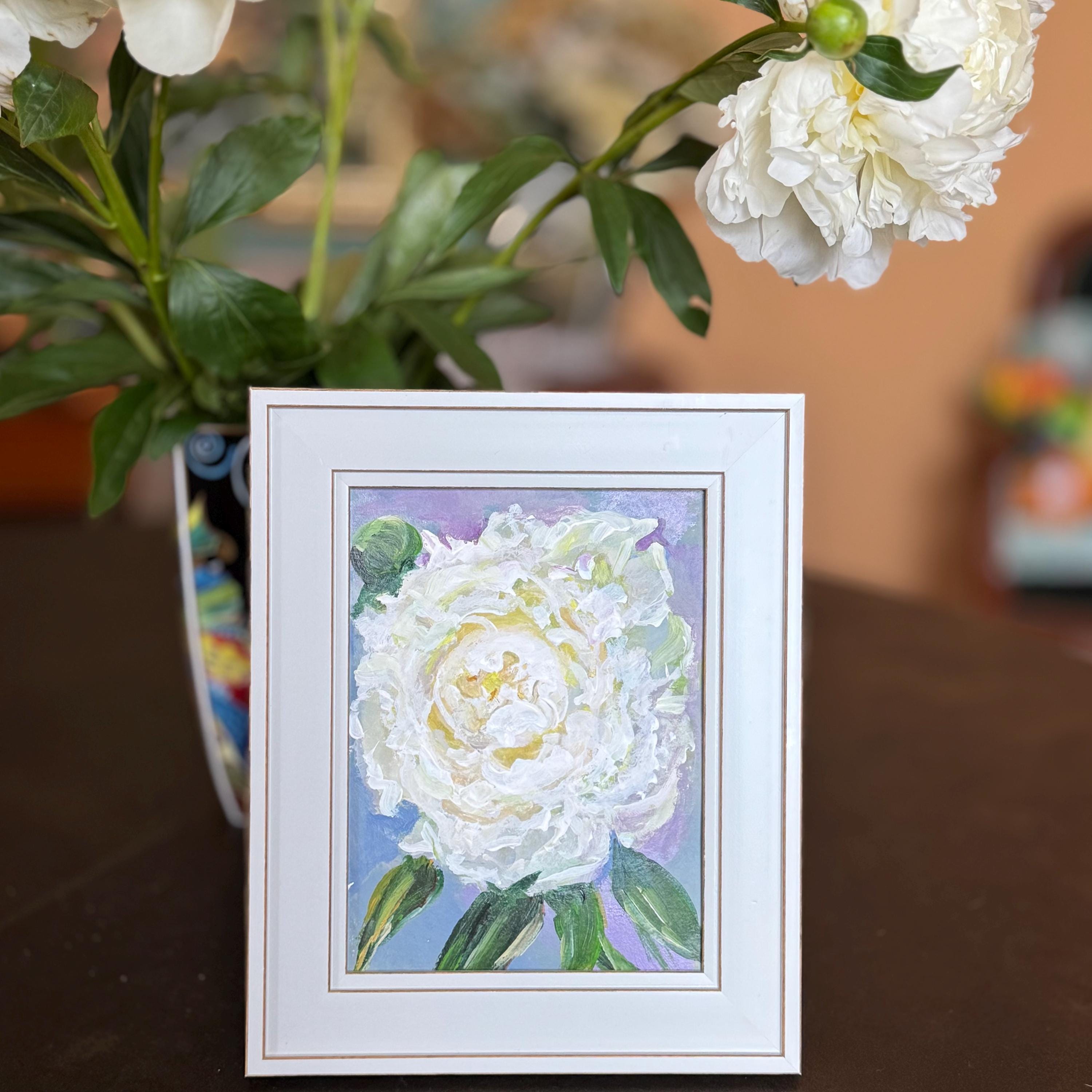 白い牡丹の花の絵画 オリジナルアート 額入りホーム