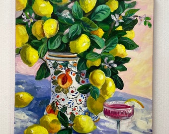 Pintura de limonero hecha a pedido Arte original Citrus Wall Art Still Life Jarrón italiano por NadibArt