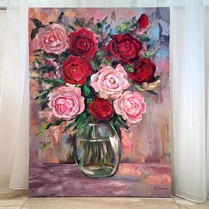 Rot Rosa Rosen Malerei Stillleben Blumen Original Art