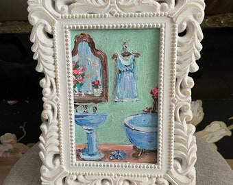 Vintage Bathroom in Teal Blue Art Original Small Painting Framed Miniature Retro Interior Laundry Decor