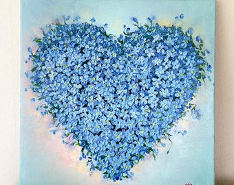 Blue Floral Heart of Forget-Me-Not Flowers Made to Order Textured 3d Original Painting