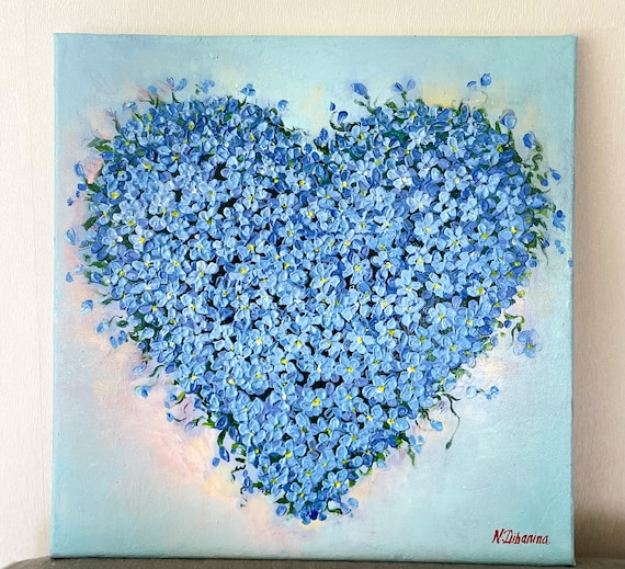 Blaues florales Herz aus Vergissmeinnicht Blumen auf Bestellung strukturiertes 3D Originalgemälde
