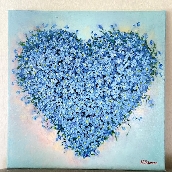 Coeur floral bleu de fleurs de myosotis sur commande, peinture originale 3d texturée