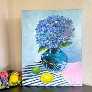 Blue Flower Painting Original Art Still Life  Hydrangea Floral Canvas Art for Modern Decor