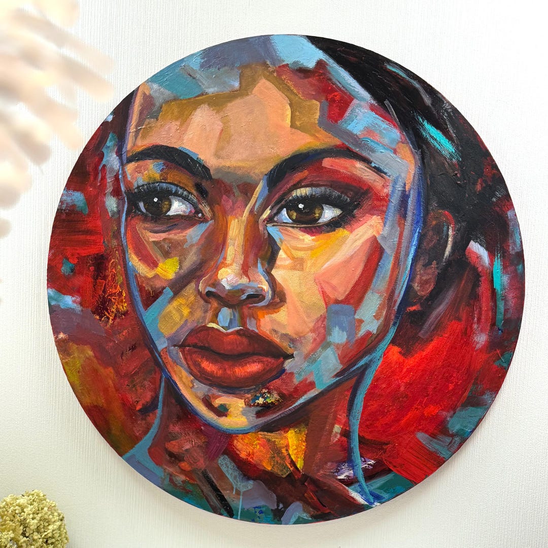 Large Abstract Woman Face Painting Original Wall Art Modern Round ...