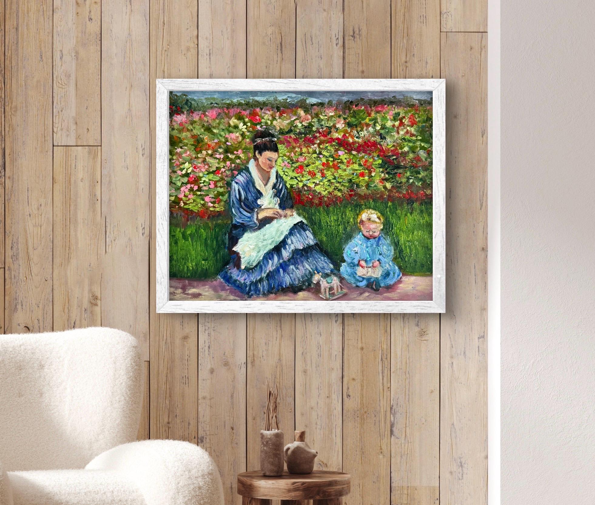印象派のオリジナル油絵｜母と子 モネ風 20x16インチ ヴィンテージ