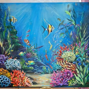 Underwater Coral Reef Tropical Fishes in the Sea Painting Original Wall Art 27” by 24”