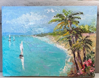 Pintura de playa, paisaje con palmeras, obra de arte original al óleo sobre lienzo, decoración de pared costera
