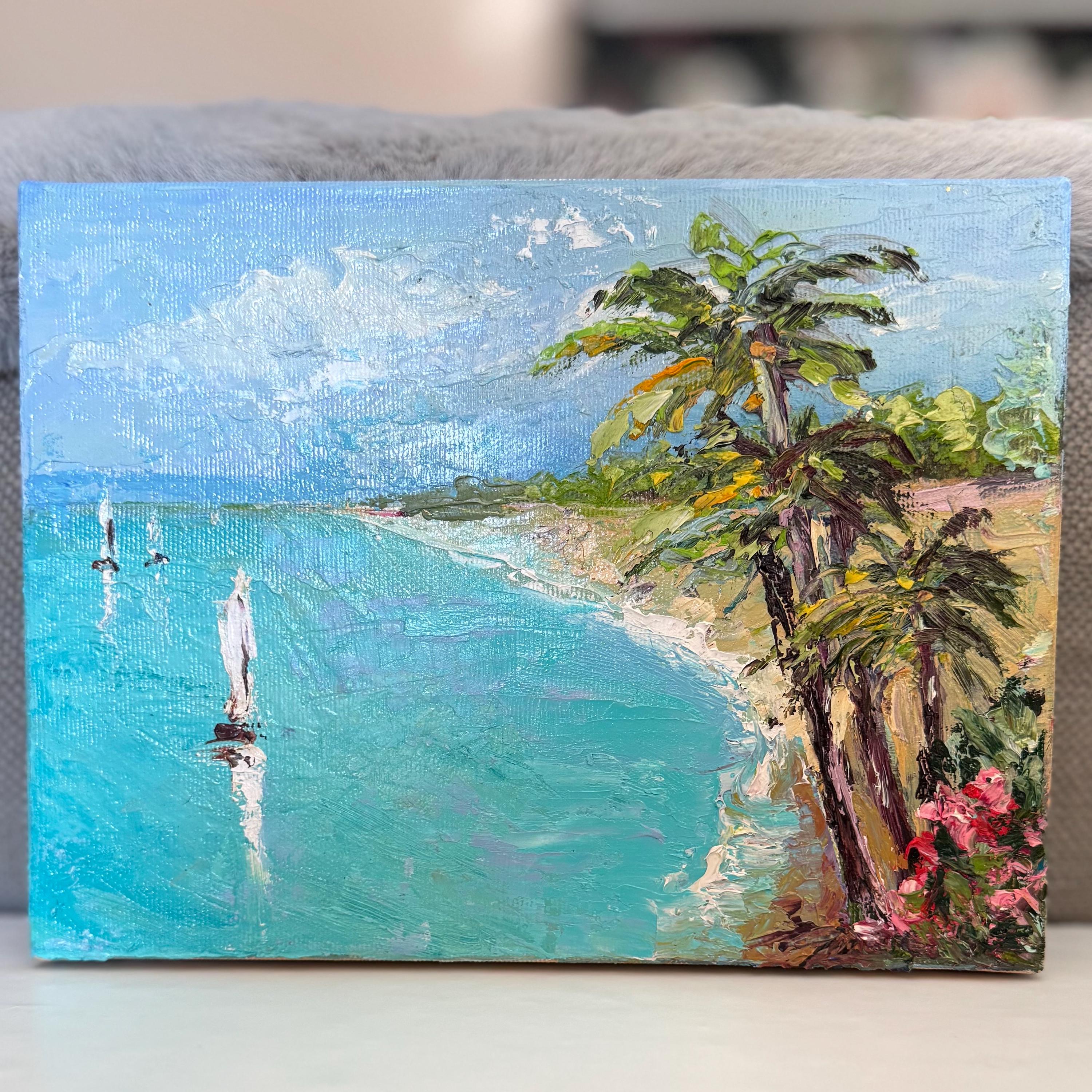Beach Painting Landscape Palm Tree Original Art Oil Canvas Artwork ...