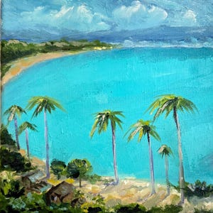 Coastal Seascape Painting Original Art Palm Tree Ocean Hawaii Beach Artwork on Canvas