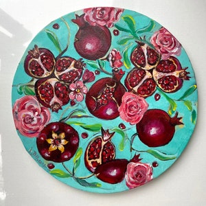 Pomegranate  Red Fruit Painting Circle Canvas Wall Art Original Artwork Kitchen Wall Decor Made to Order