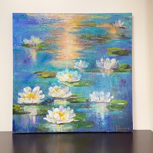 White Water Lilies Painting Original Abstract Wall Art Green Nature Home Decor