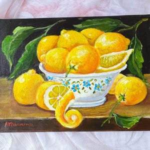 Tazón de limones Pintura Arte original Fruta Bodegón Decoración de cocina