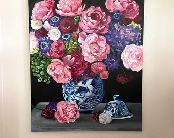 Pink Peonies Flowers in White and Blue Chinese Vase Painting Original Wall Art  Floral Still Life on Canvas Living Room Decor