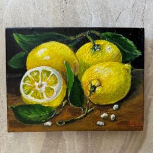 Lemon Painting Still Life Original Art Citrus Moody Fruit Wall Art Farmhouse Kitchen Decor