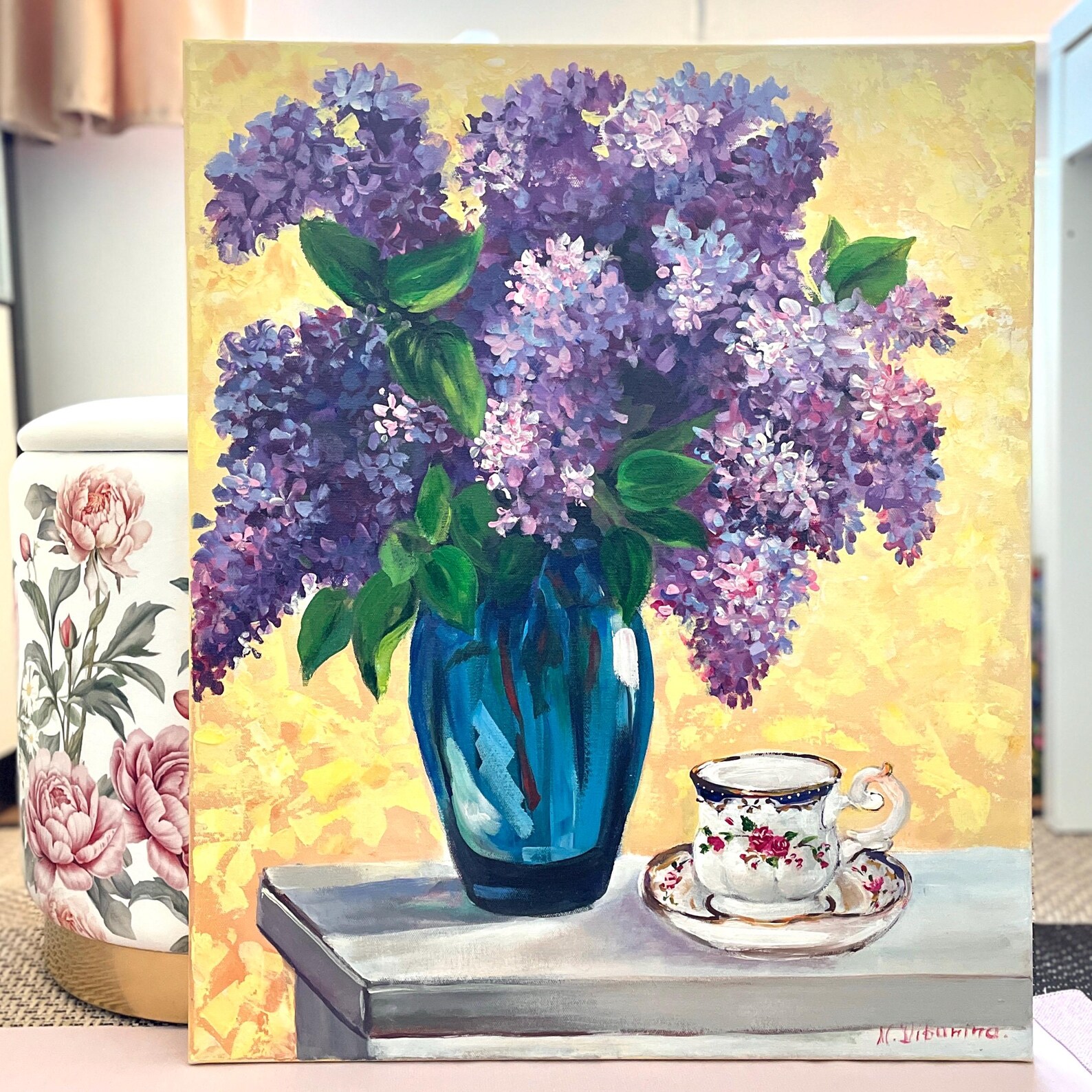 Lilacs in Vase Painting Original Art Purple Flowers Elegant Home Decor ...