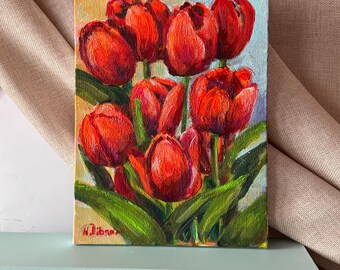 油絵 赤いチューリップ 赤いチューリップの絵画：オリジナルの花のアート、7x10 キャンバス