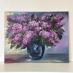 Lilac Original Painting Floral Artwork Still Life Canvas Purple Flowers Wall Art Oil Painting