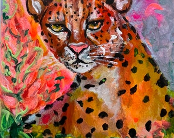 Leopard Wildes Tier Kunst Original Gemälde Predator Kunst Leinwand 20 x 20 cm