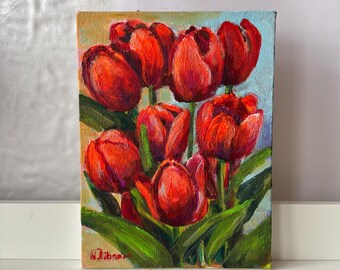 油絵 赤いチューリップ 赤いチューリップの絵画：オリジナルの花のアート、7x10 キャンバス