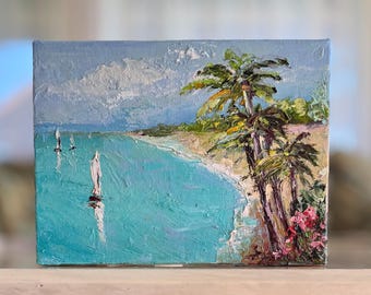 Original Oil Palm Tree Beach Painting: Coastal Canvas Art (9x7