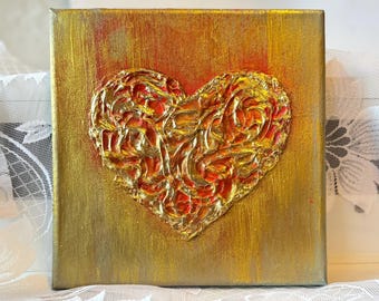 Heart Original  Painting  Textured Gold Wall Art Canvas 8 by 8 inch