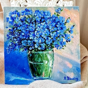 Forget-Me-Not Flowers Still Life Painting Original Art Blue Floral Art Farmhouse Decor