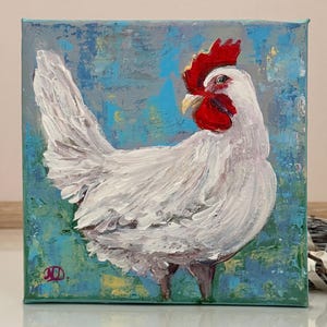 ファームハウス風チキンの絵画 - オリジナルの動物の壁アート、素朴なカントリーハウス風キッチンの装飾