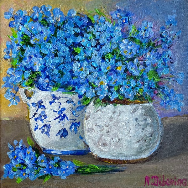 Peinture de fleurs myosotis, oeuvre d'art florale nature morte originale, toile de 20 x 20 cm par NadibArt