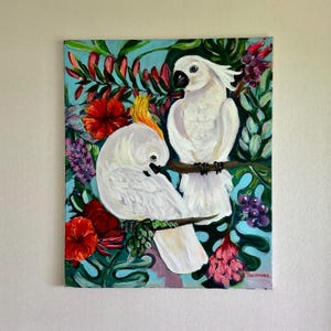 Tropische Vögel Kakadus Malerei Original Art Coastal Home Wanddekoration 50 x 60 cm