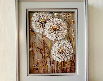 Textured Dandelion Framed Painting  Floral Wall Art Lightweight Frame Farmhouse Decor