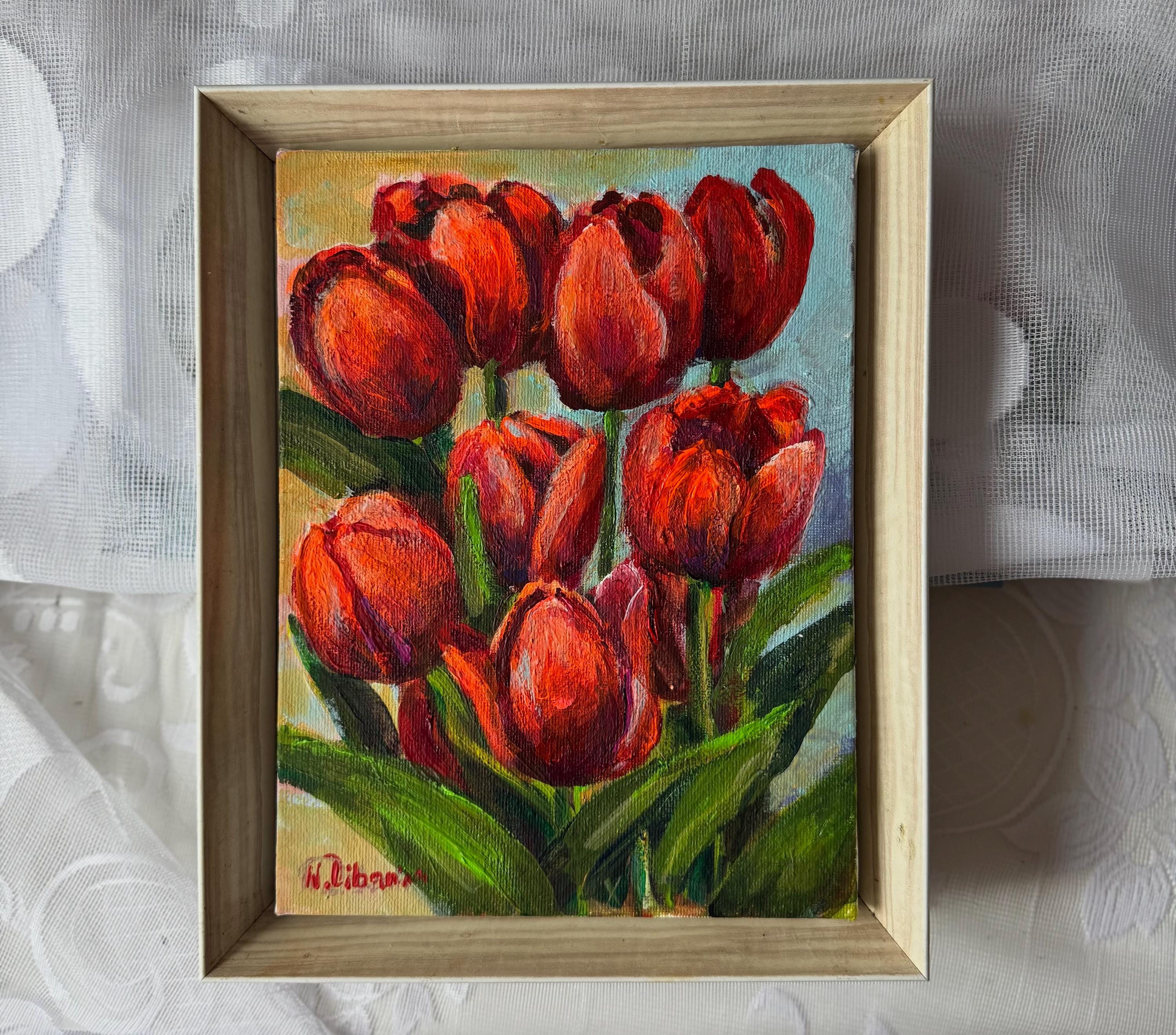 赤いチューリップの絵画：オリジナルの花のアート、7x10 キャンバス