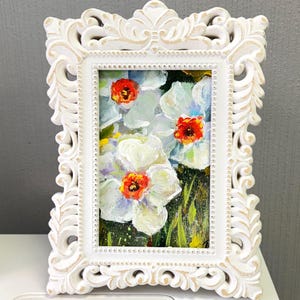 White Daffodils Flowers Framed Acrylic Painting Vintage Shelf Decor