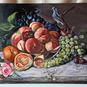 Peaches Still Life Painting: Vintage Kitchen Wall Art, 27x20 Canvas