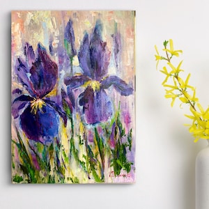 Purple Flowers  Irises  Original Painting Floral Wall Art Abstract  Wall Decor
