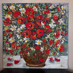 Poppies Wildflowers Still Life Art Original Painting Floral Artwork Rustic Home Decor